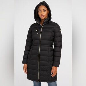 Michael Kors Hooded Long Puffer Coat Black NWT Size M Women with drawstring bag